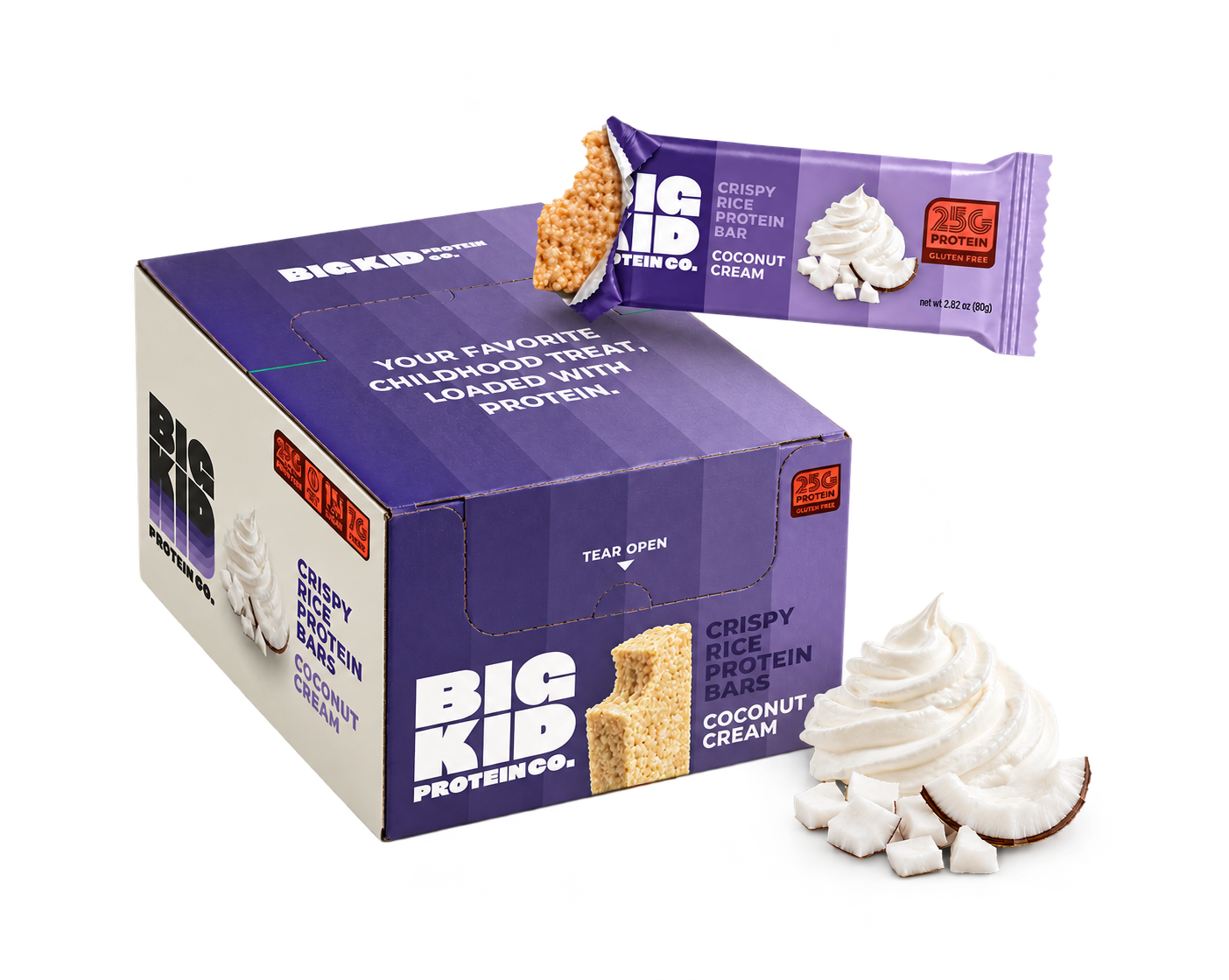Big Kid Coconut Cream display box with a wrapped crispy rice protein bar