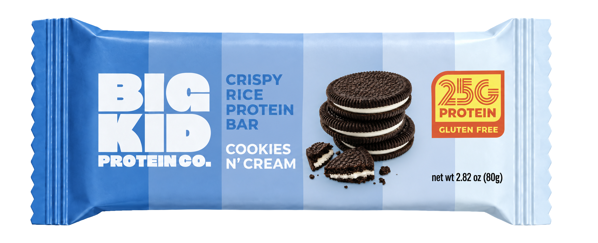 Cookies & Cream crispy rice protein treat in its wrapper
