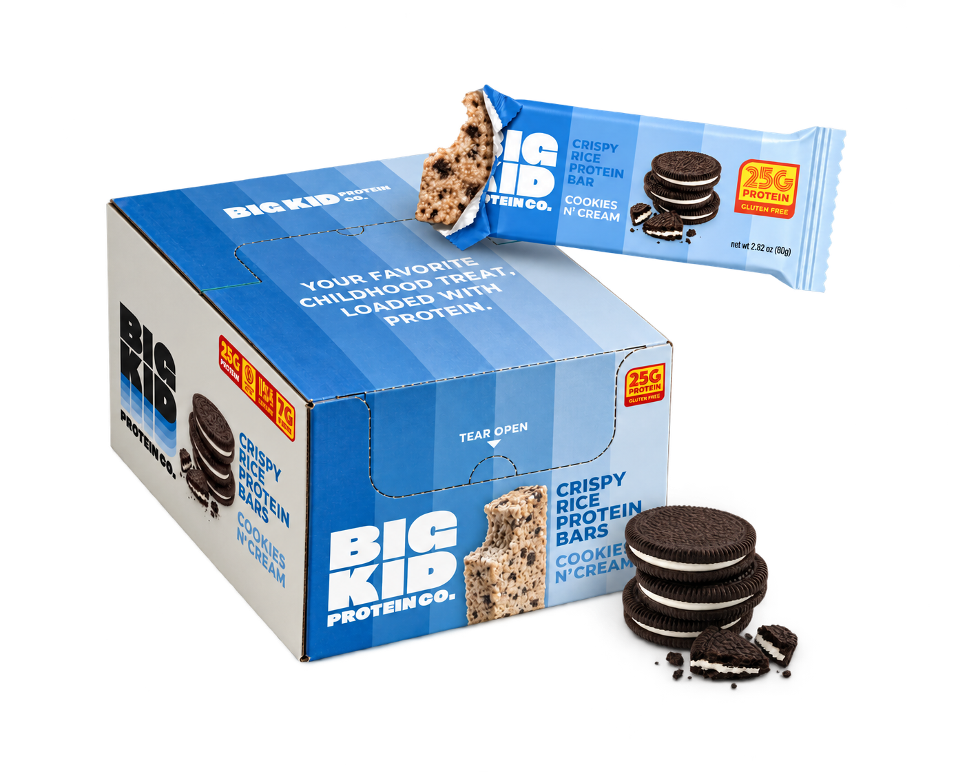 Big Kid Cookies & Cream display box with a wrapped crispy rice protein bar