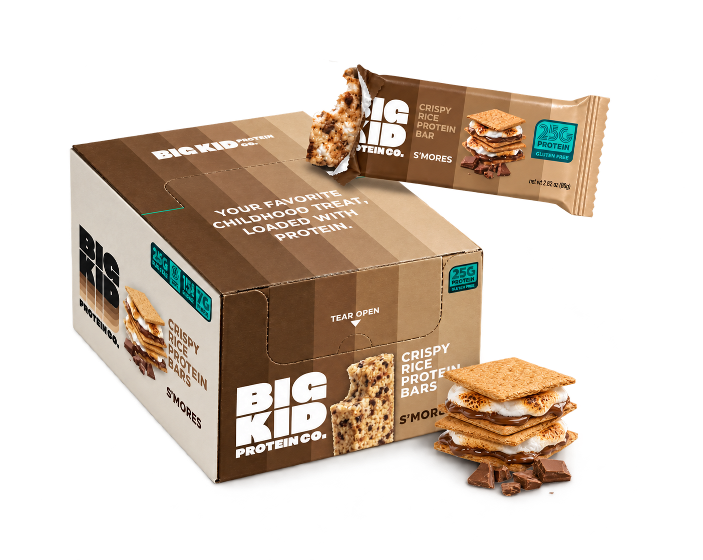 Big Kid S’mores display box with a wrapped crispy rice protein bar