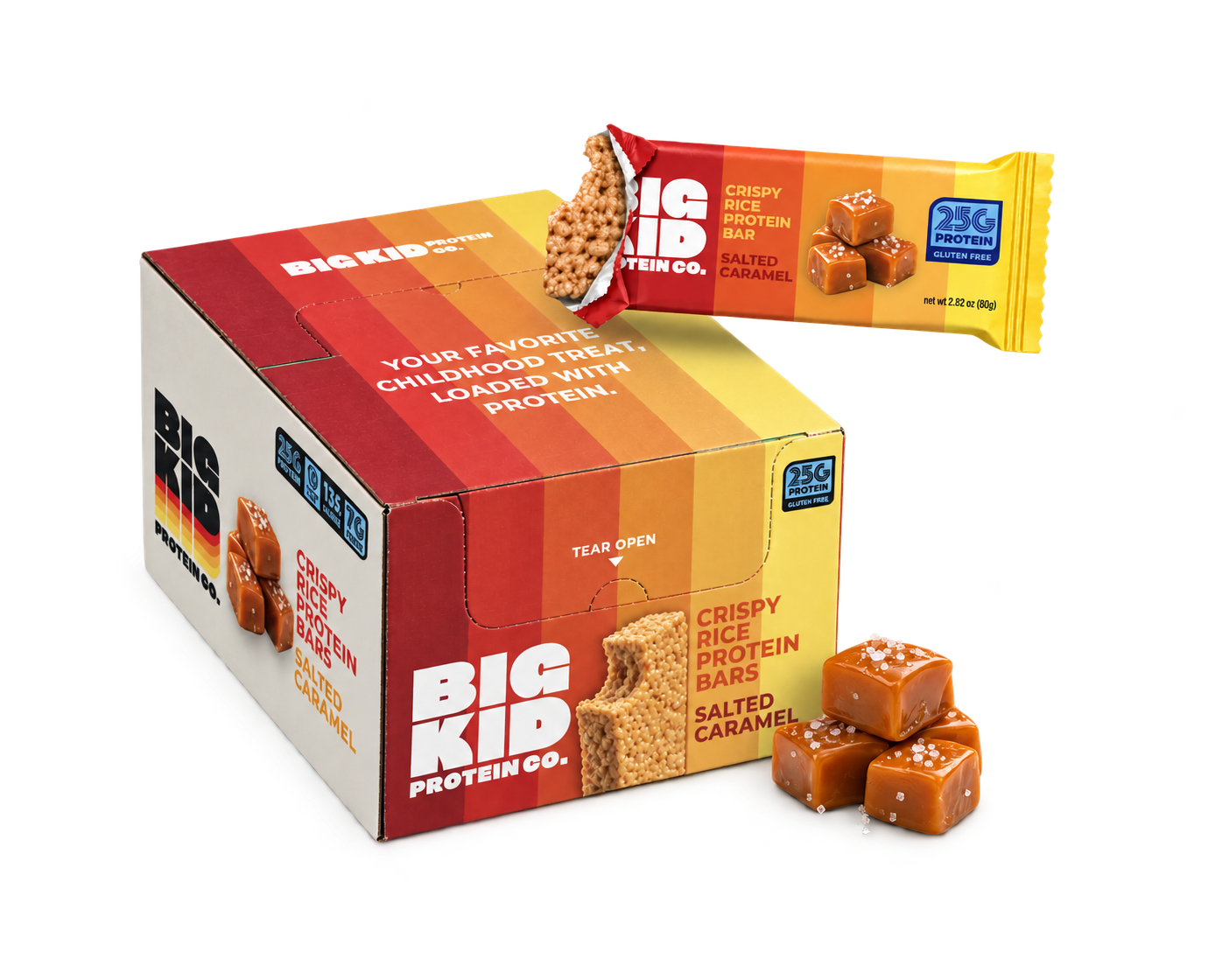 Big Kid Salted Caramel display box with a wrapped crispy rice protein bar
