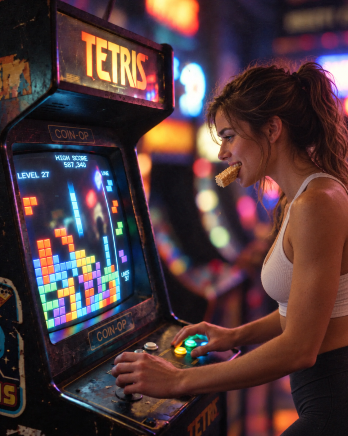 A big kid playing an arcade cabinet in a neon-lit arcade with a treat in her mouth