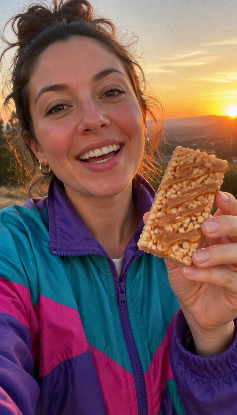 Sample video still: a big kid holding up a crispy rice treat at sunset