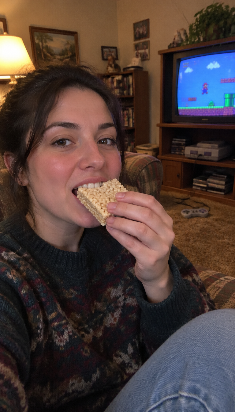 Sample video still: a big kid taking a bite during a retro game session