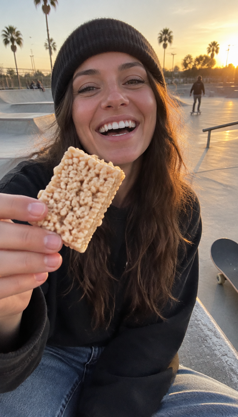 Sample video still: a big kid laughing at the skatepark with a crispy rice treat